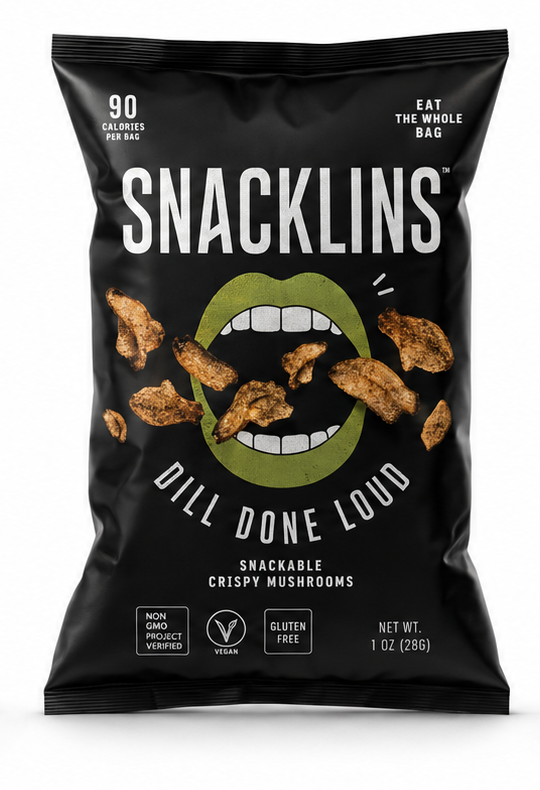 Dill Done Loud black Snacklins bag mockup on a white studio background